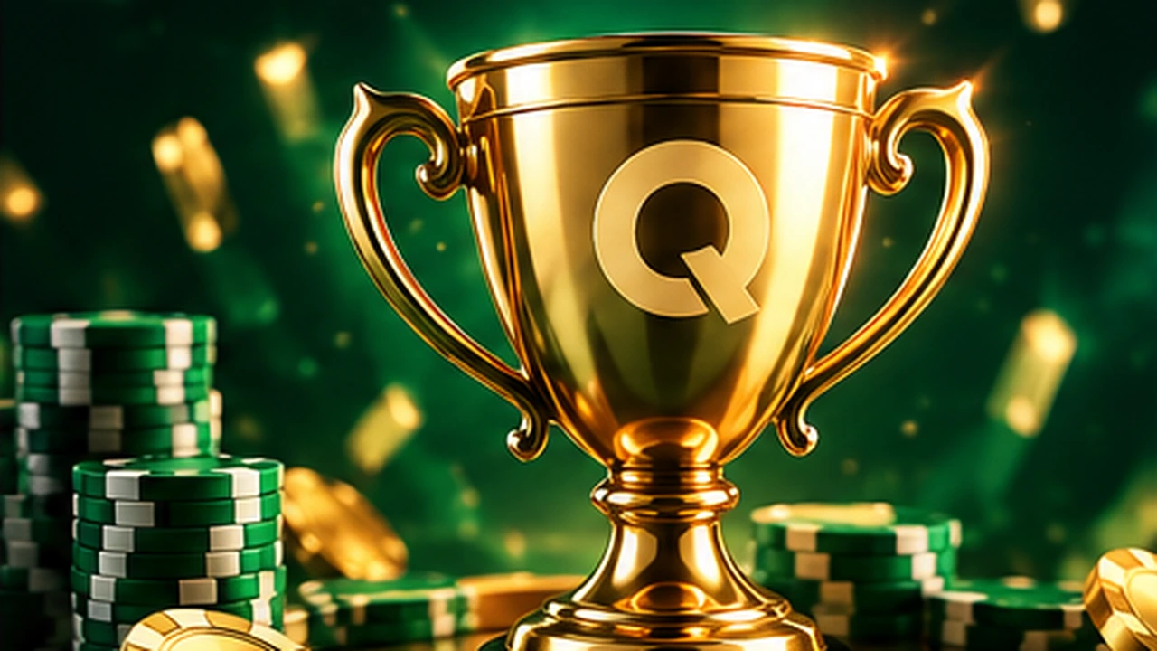 Golden tournament trophy surrounded by casino chips